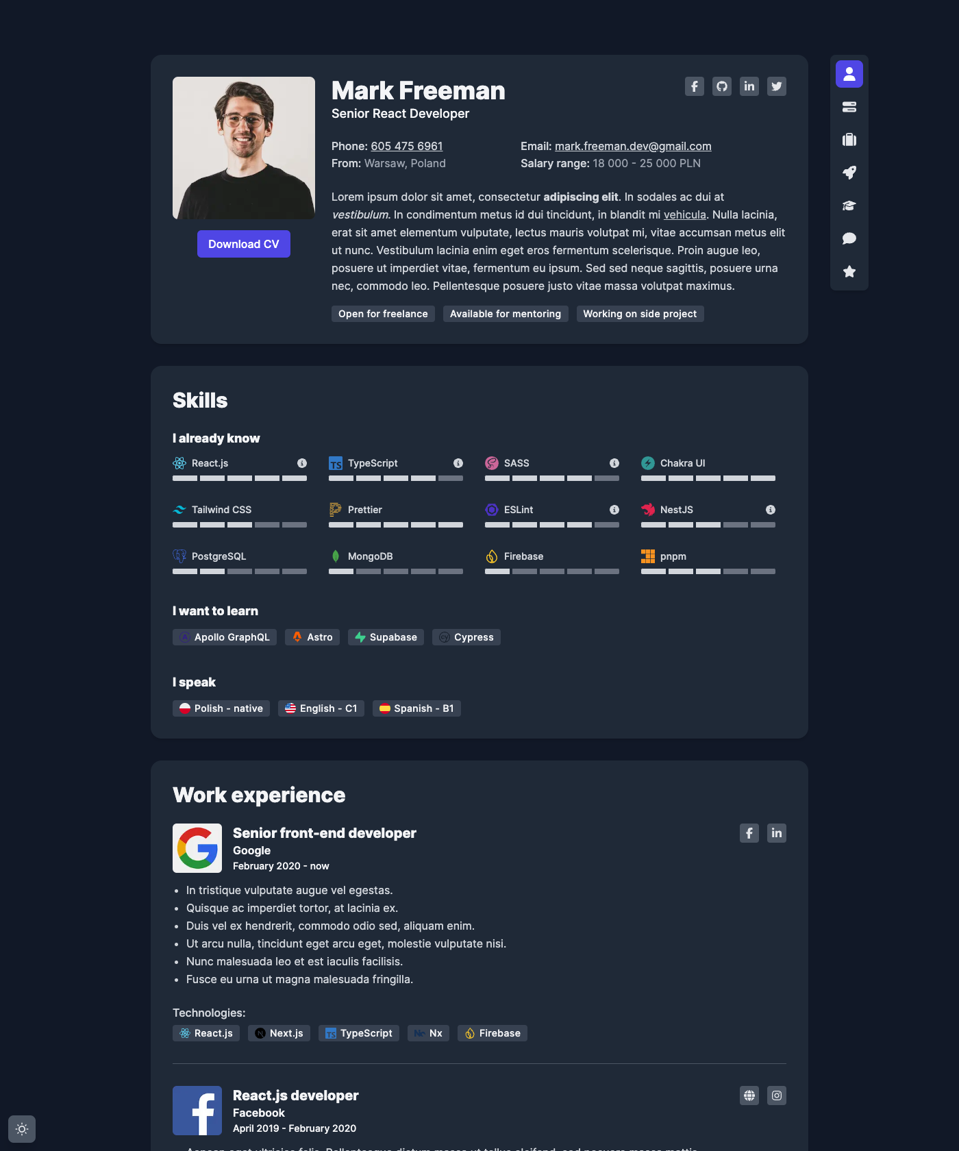 Screenshot of DevsCard