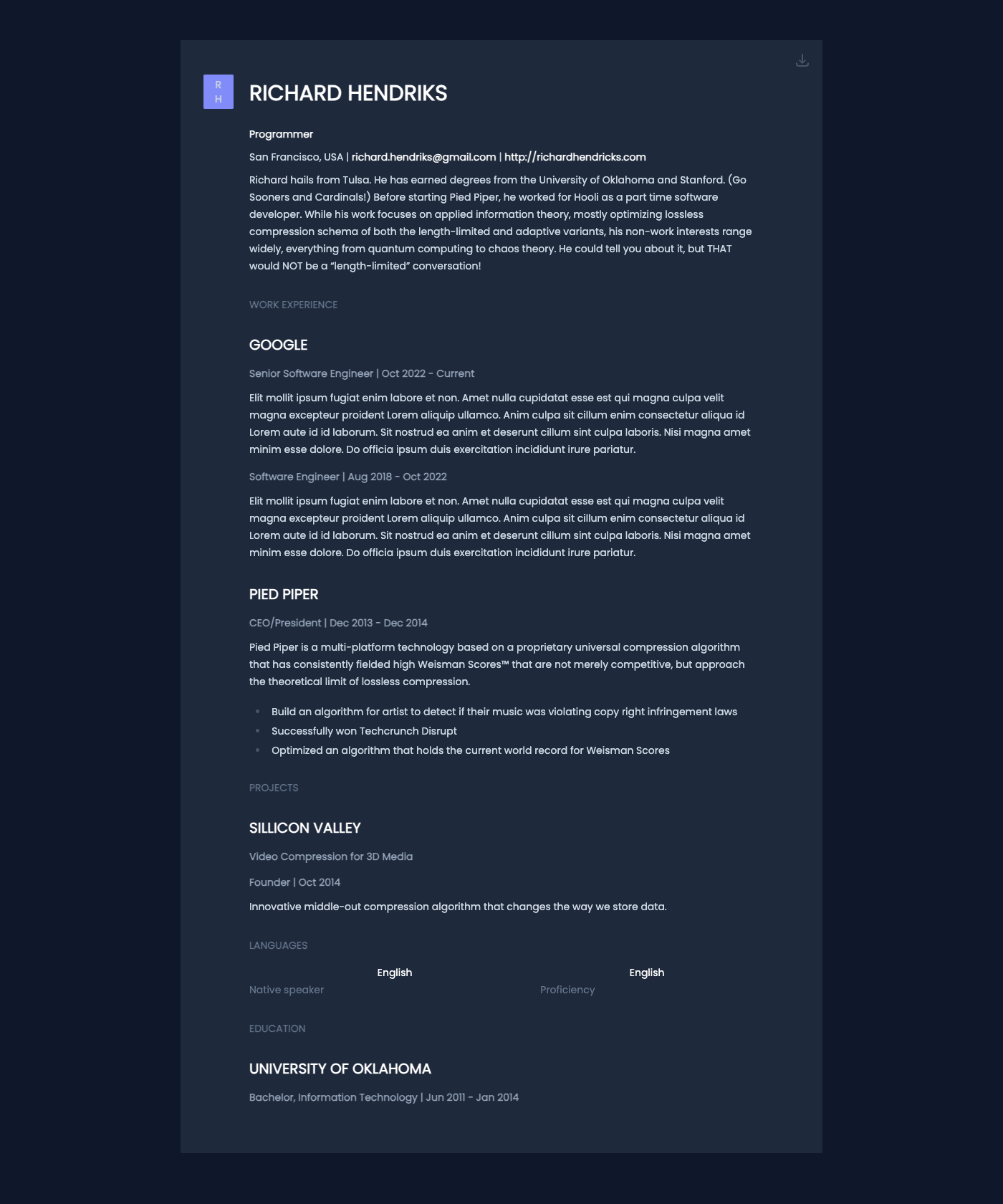 Screenshot of Astro Resume