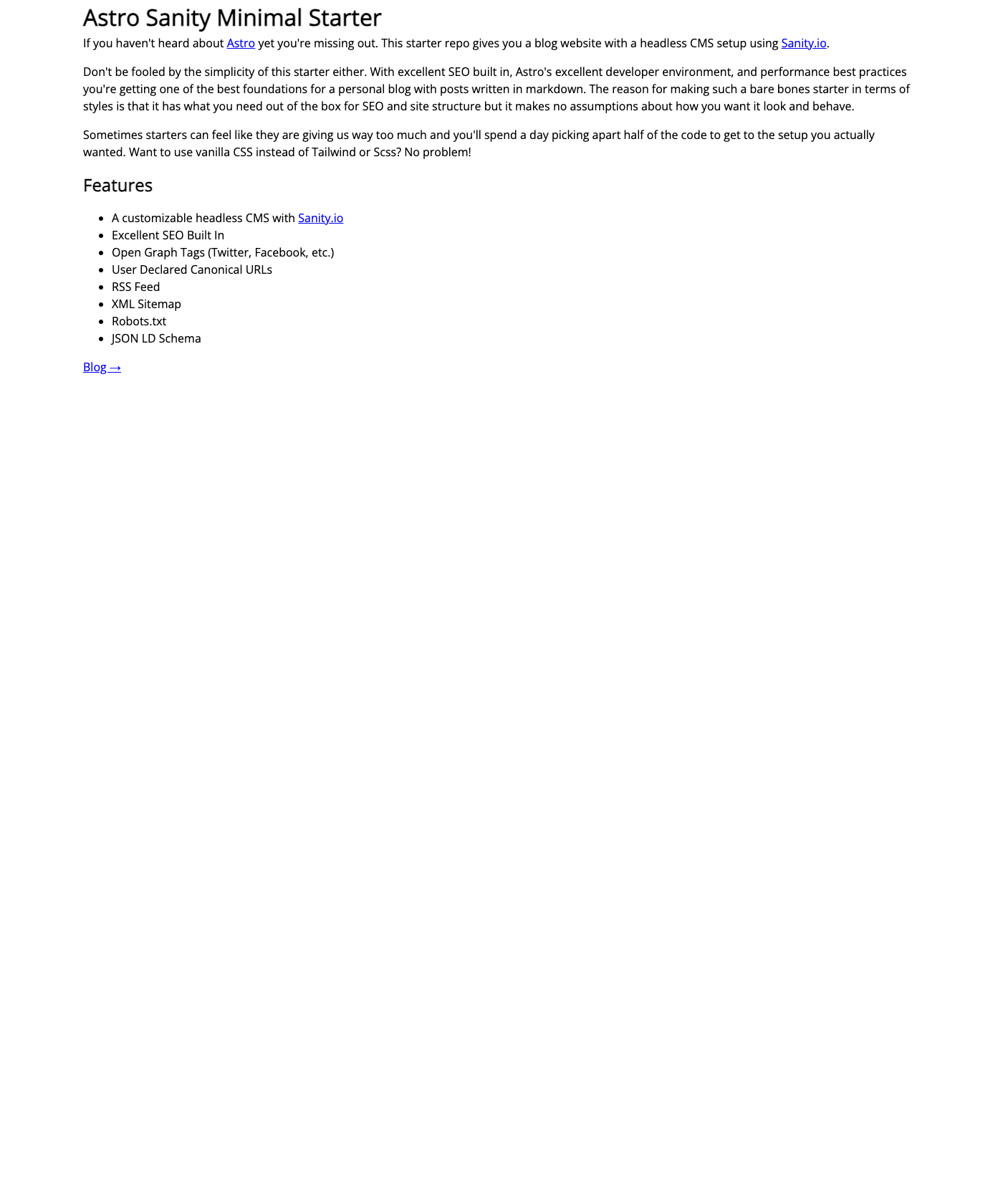 Screenshot of Astro Sanity Minimal Starter